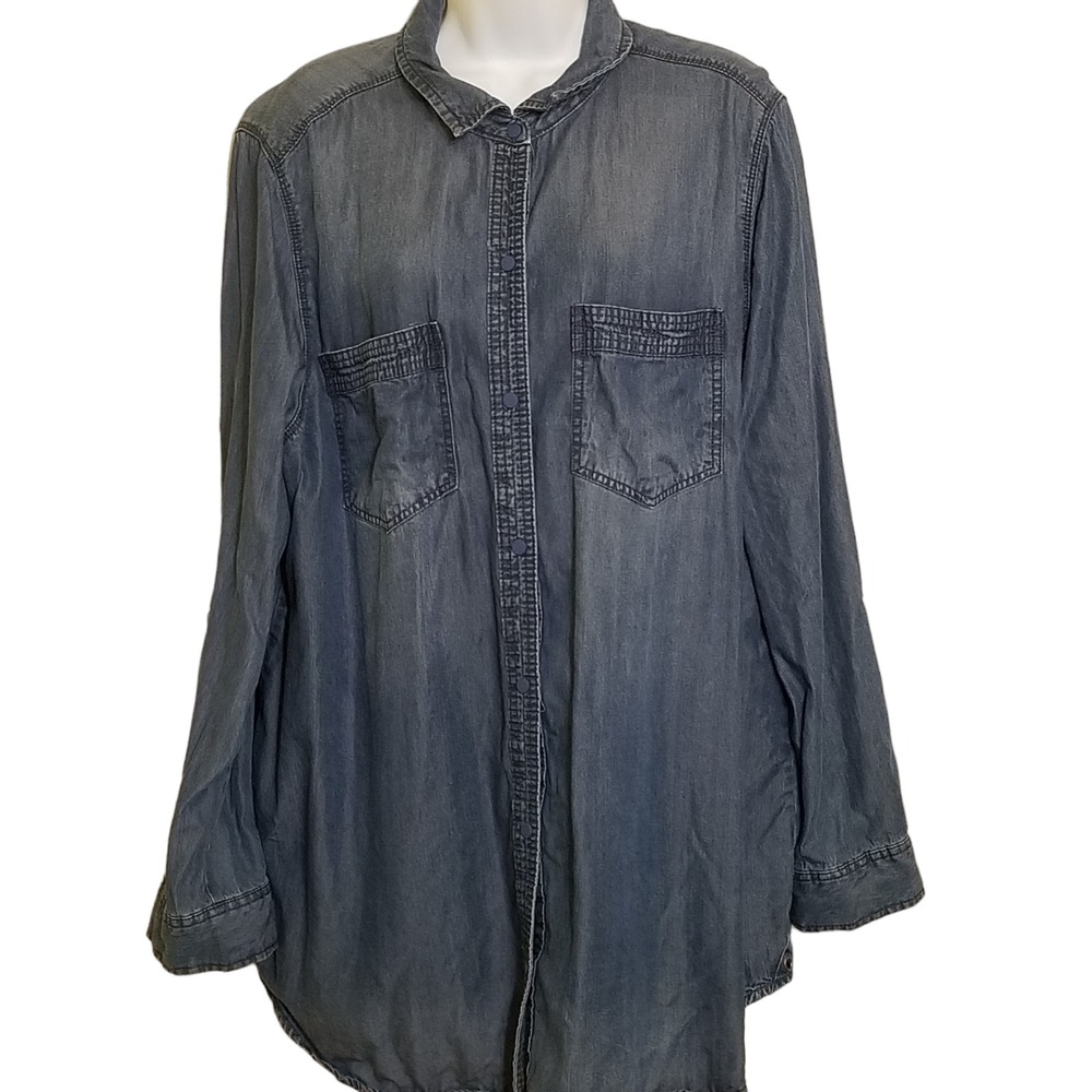 Intro Blouse Womens Size 2X Chambray Pockets Roll Tab Long Sleeve Button Snap